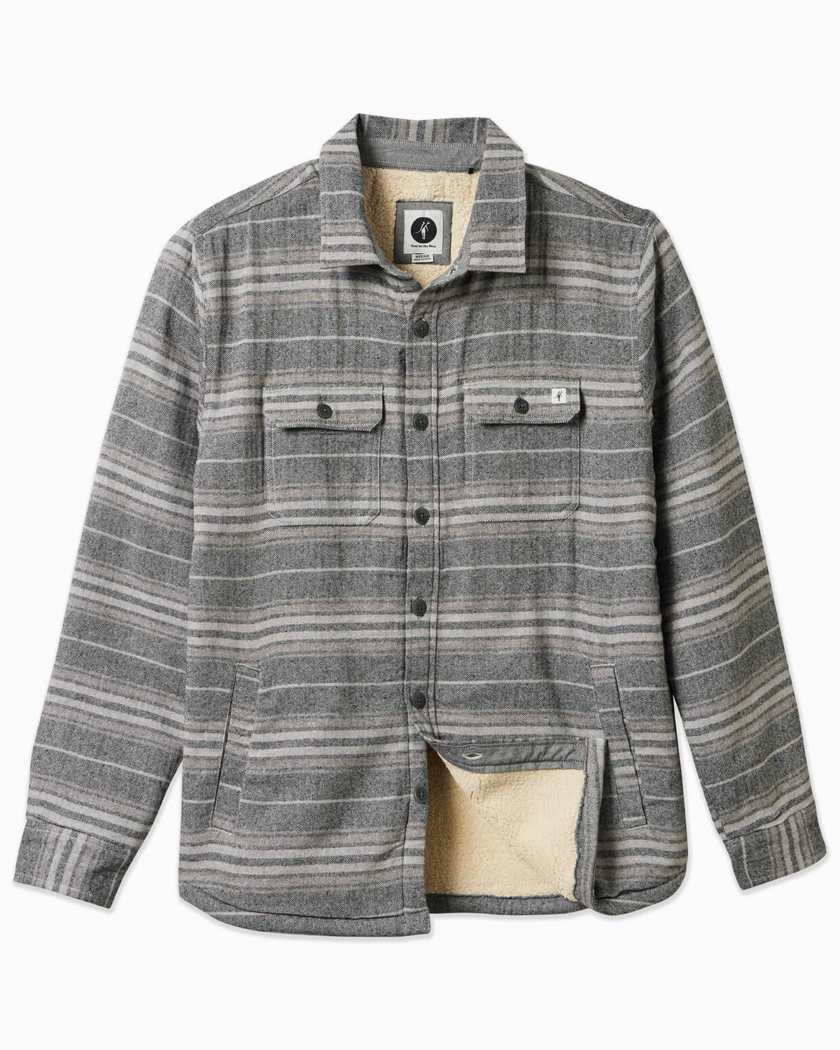 Men's grey stripe sherpa jacket displayed on simple white background #color_grey stripe