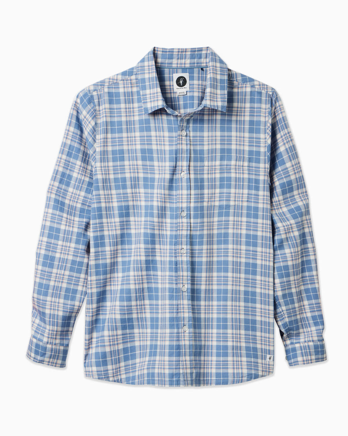 Men's blue plaid button up shirt displayed on a simple white background #color_bayshore blue