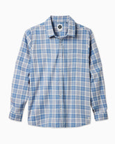 Men's blue plaid button up shirt displayed on a simple white background #color_bayshore blue