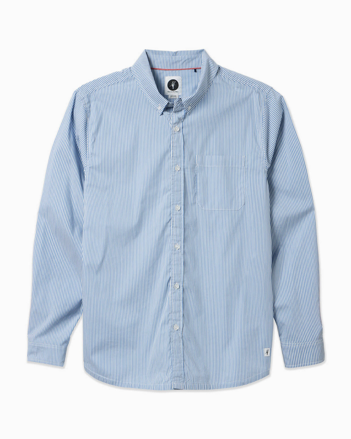 Men's blue striped button-up shirt displayed on simple white background #color_blue stripe