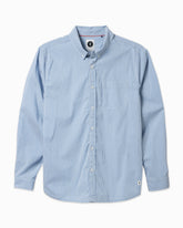 Men's blue striped button-up shirt displayed on simple white background #color_blue stripe