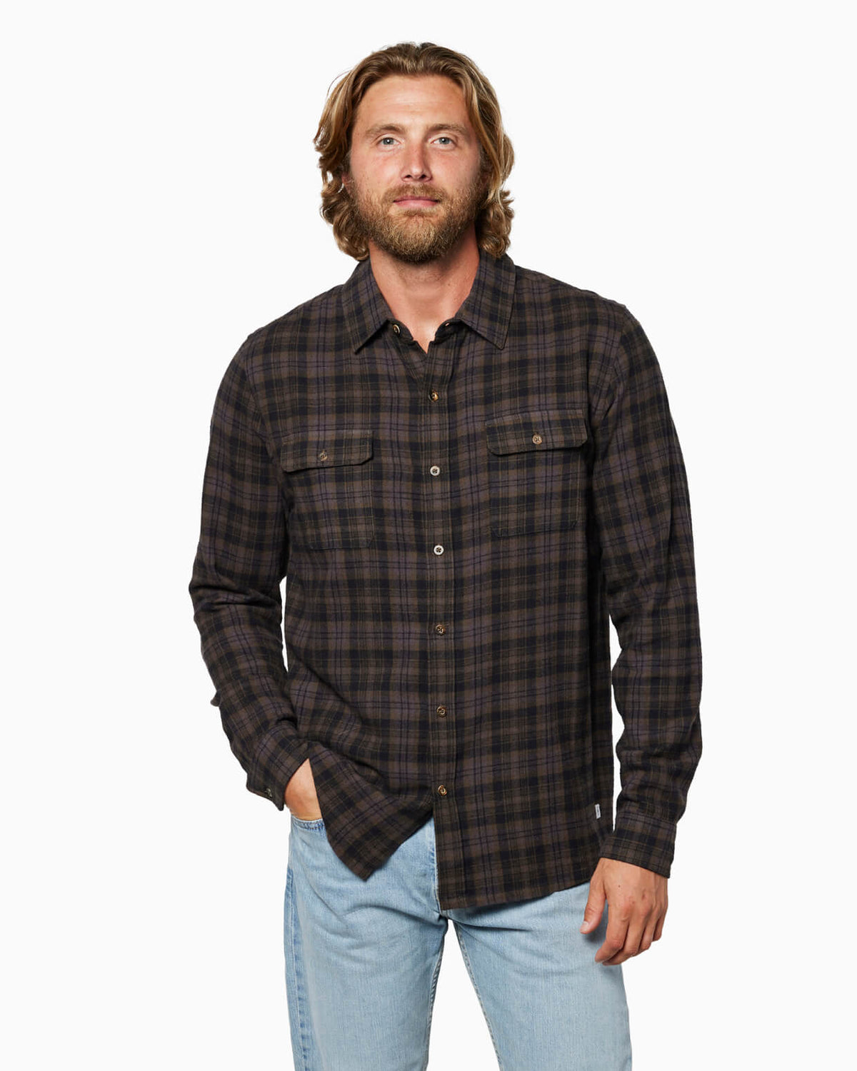 Man wearing a brown plaid shirt and jeans on a white background #color_coffee plaid