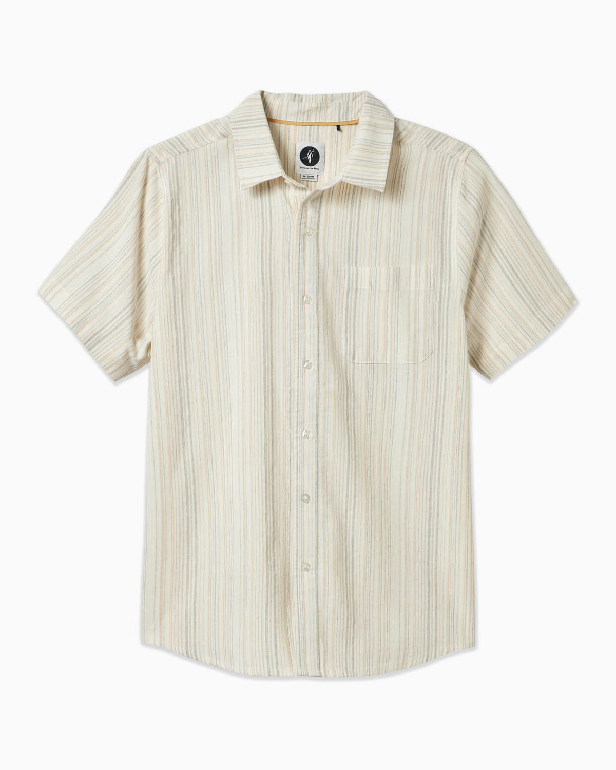 Men's natural stripe button up t-shirt displayed on a simple white background #color_coastal natural stripe
