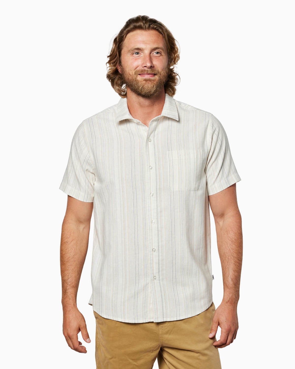 Man wearing a white short-sleeve shirt with thin stripes on a white background #color_coastal natural stripe