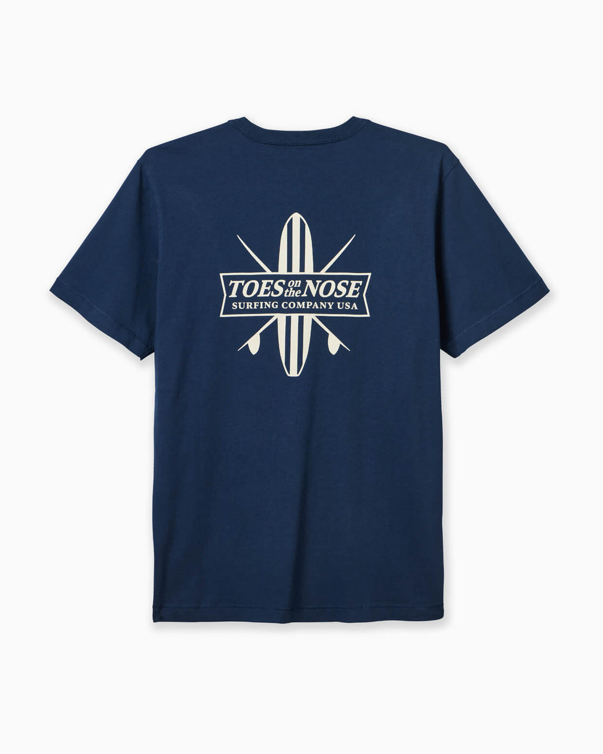 Men's navy t-shirt with surfing company design displayed again white background #color_navy