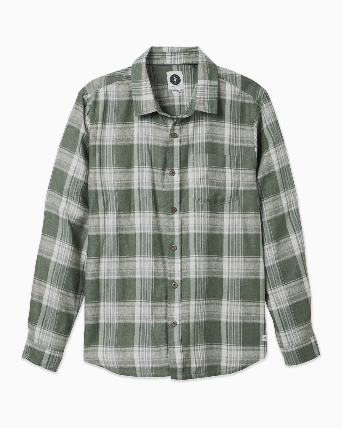 Men's olive plaid flannel displayed on simple white background #color_olive plaid