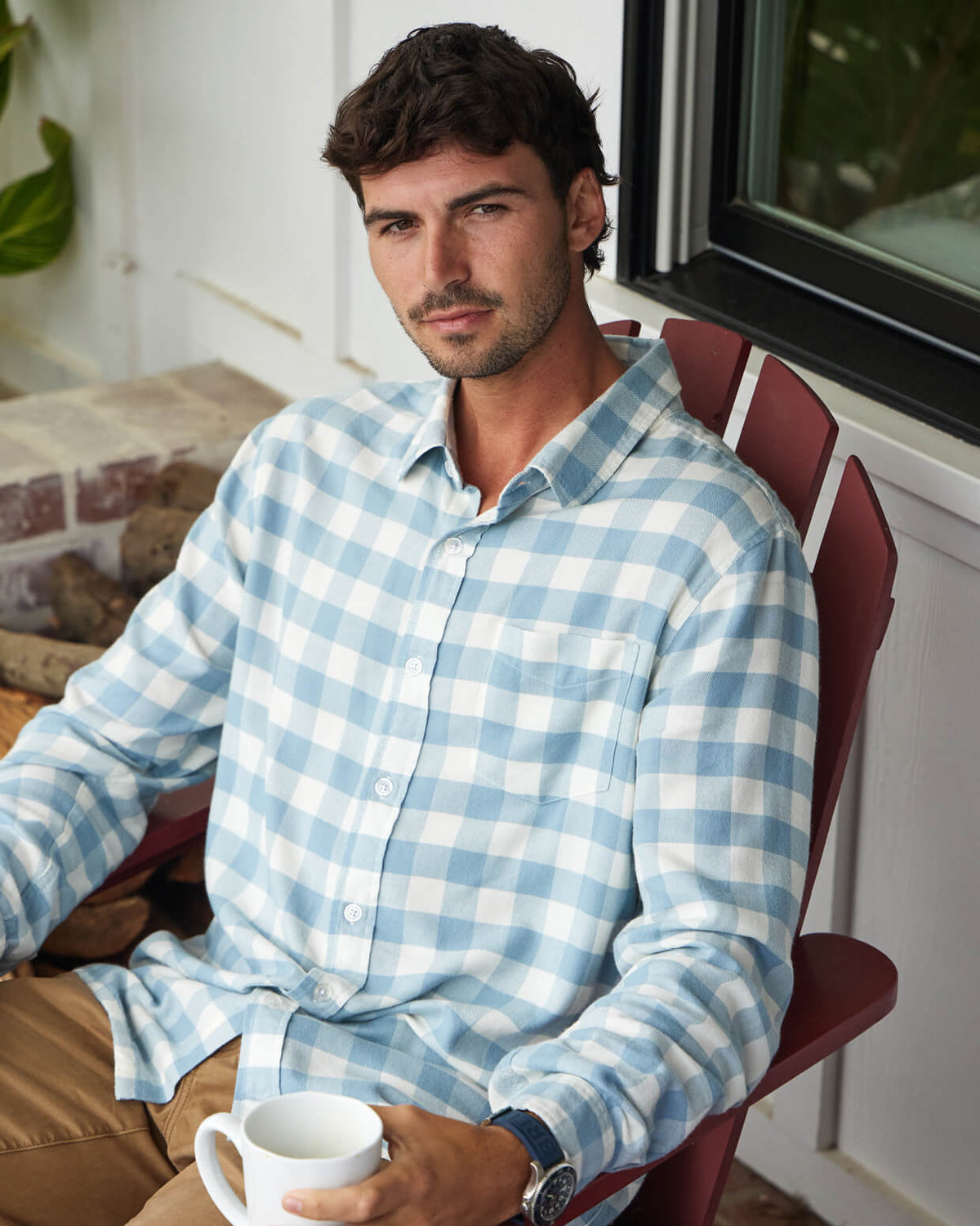 Men's sea flannel from Toes on the Nose, worn in a lifestyle setting outdoors. #color_sea check