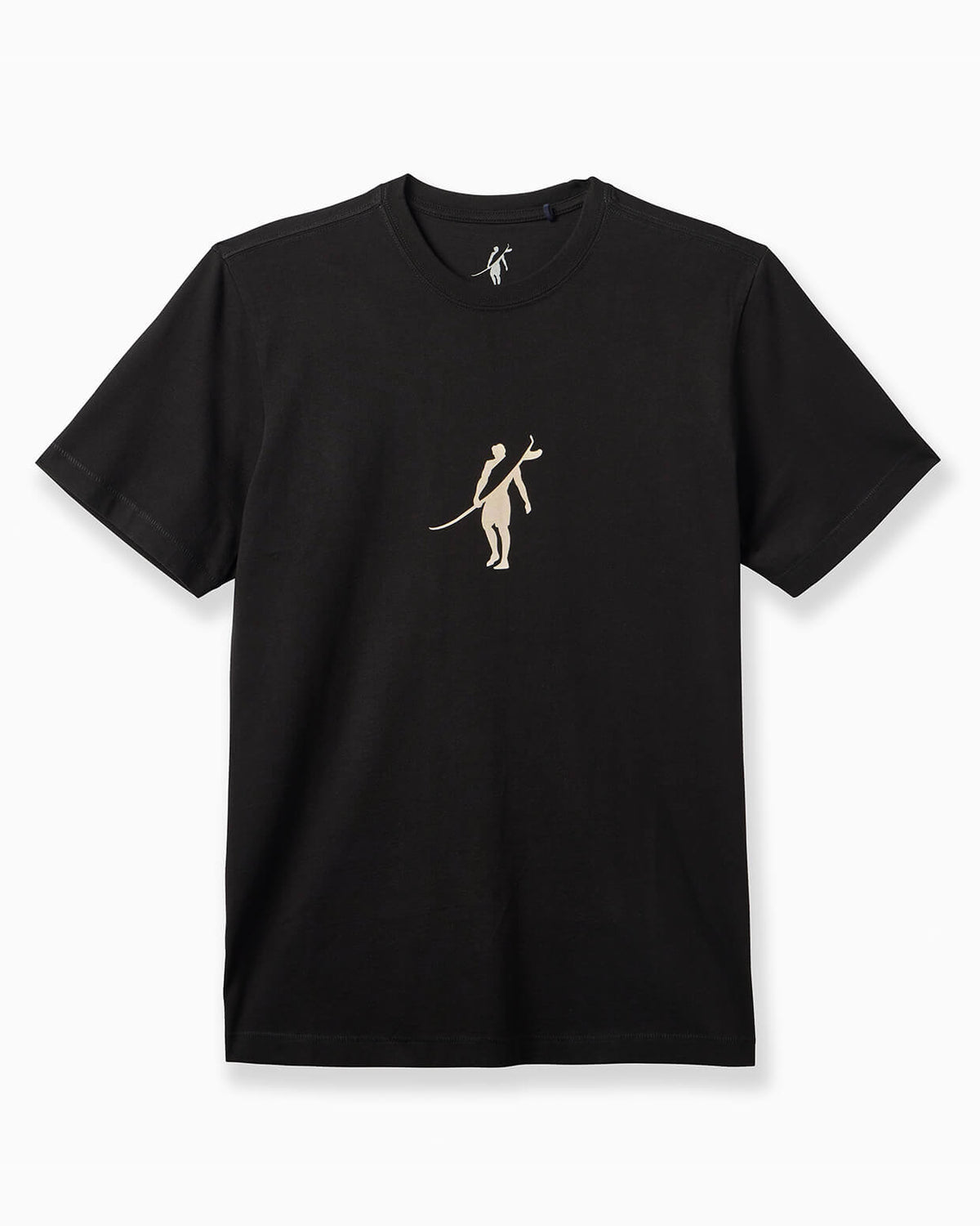 A black short-sleeve crewneck t-shirt featuring a small beige graphic of a figure holding a bow on the left chest, displayed against a clean white background.
#collor_black