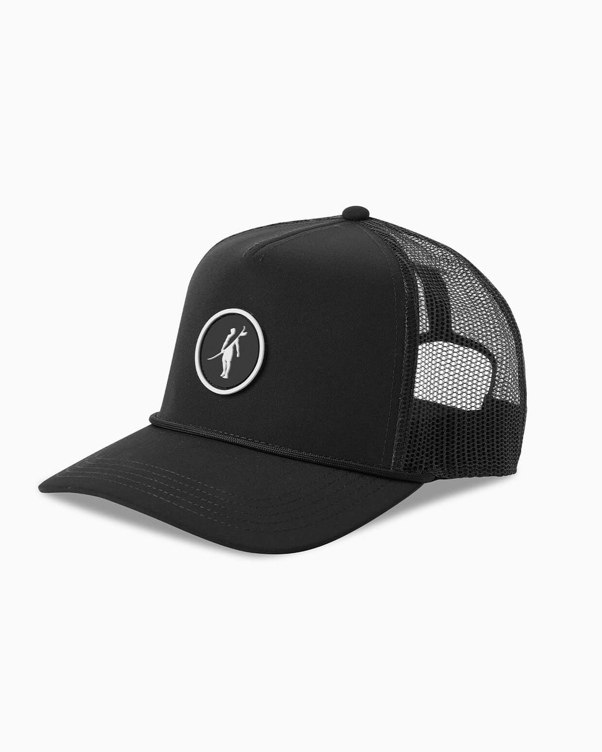 Black trucker cap with a white logo on a white background #color_black