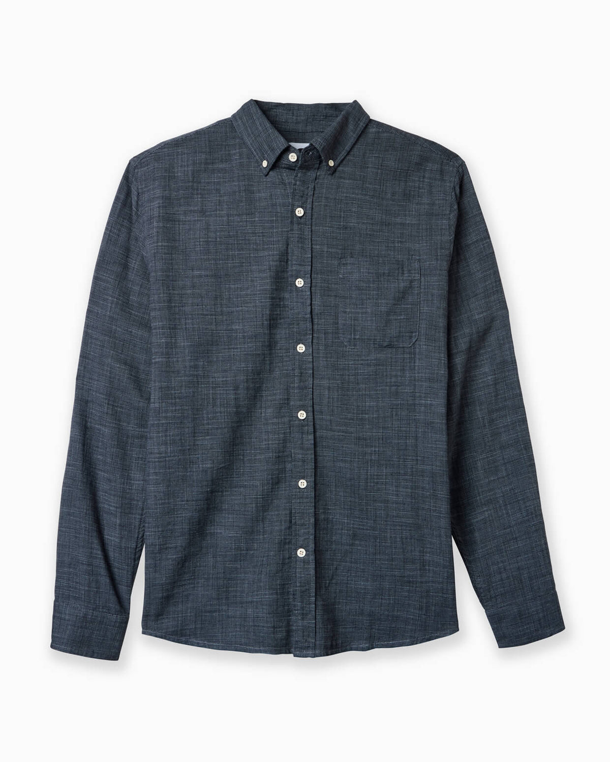 A dark slate blue textured long-sleeve button-down shirt with a pointed collar and white buttons, displayed flat against a white background.
#color_black breezeway