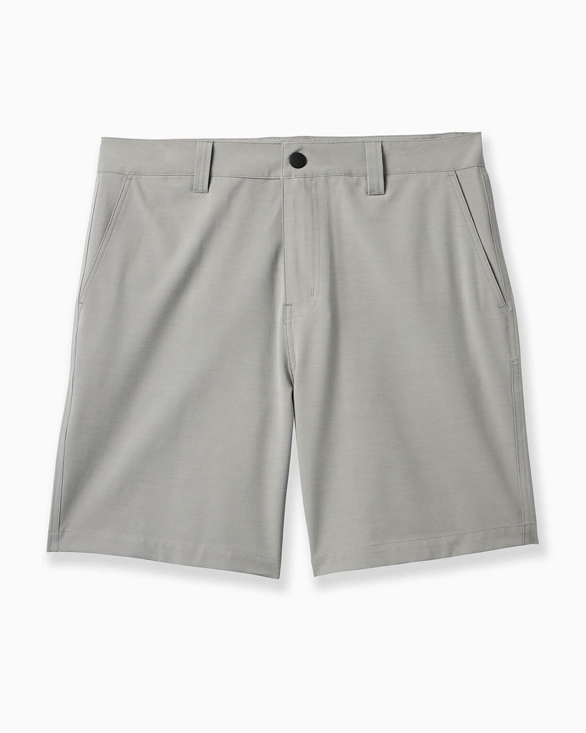 A pair of light gray tailored shorts with belt loops, a button closure, and side pockets, shown flat against a white background. #color_core grey