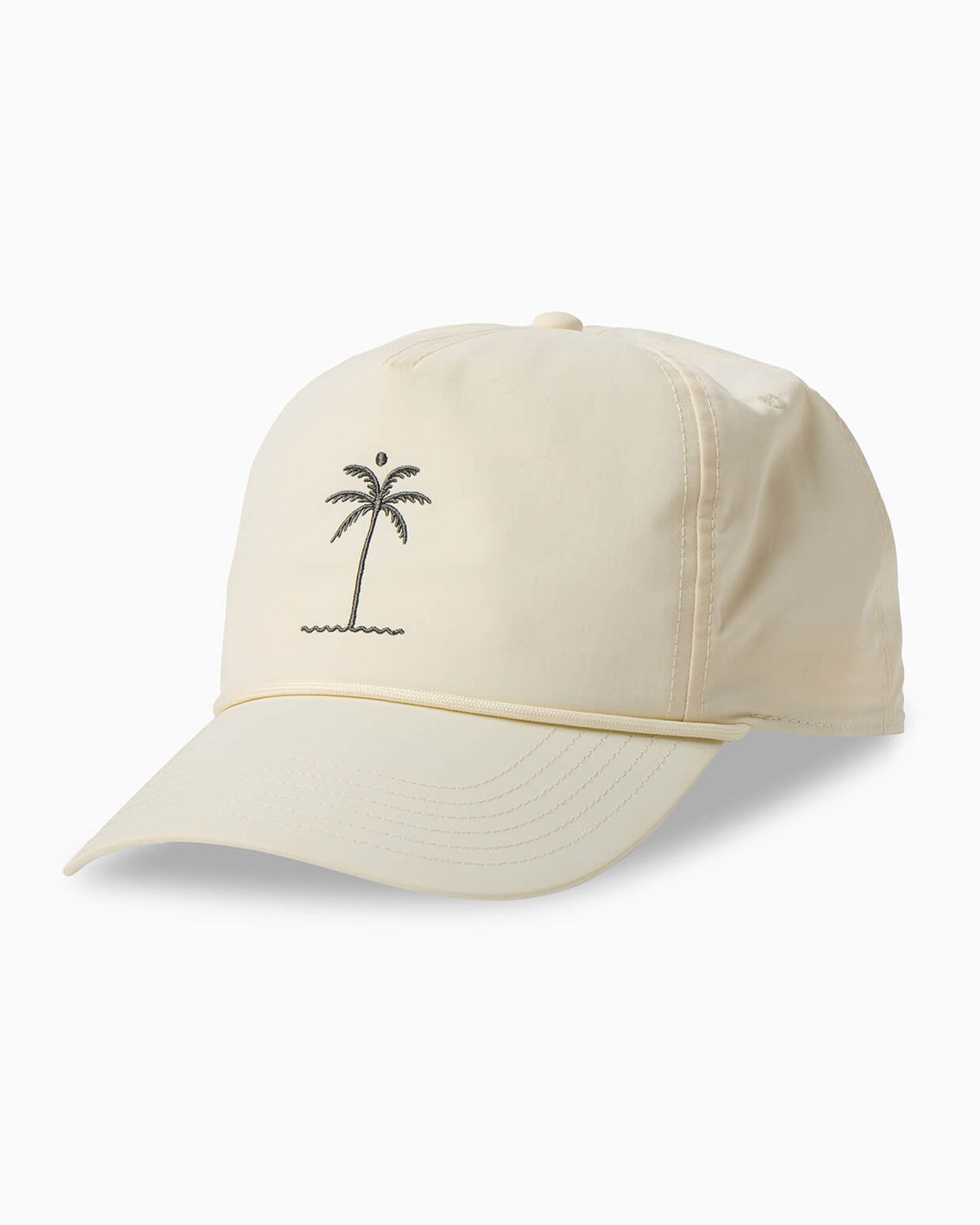 A cream-colored baseball cap featuring a small black embroidered palm tree graphic on the front, set against a clean white background. #color_natural palm