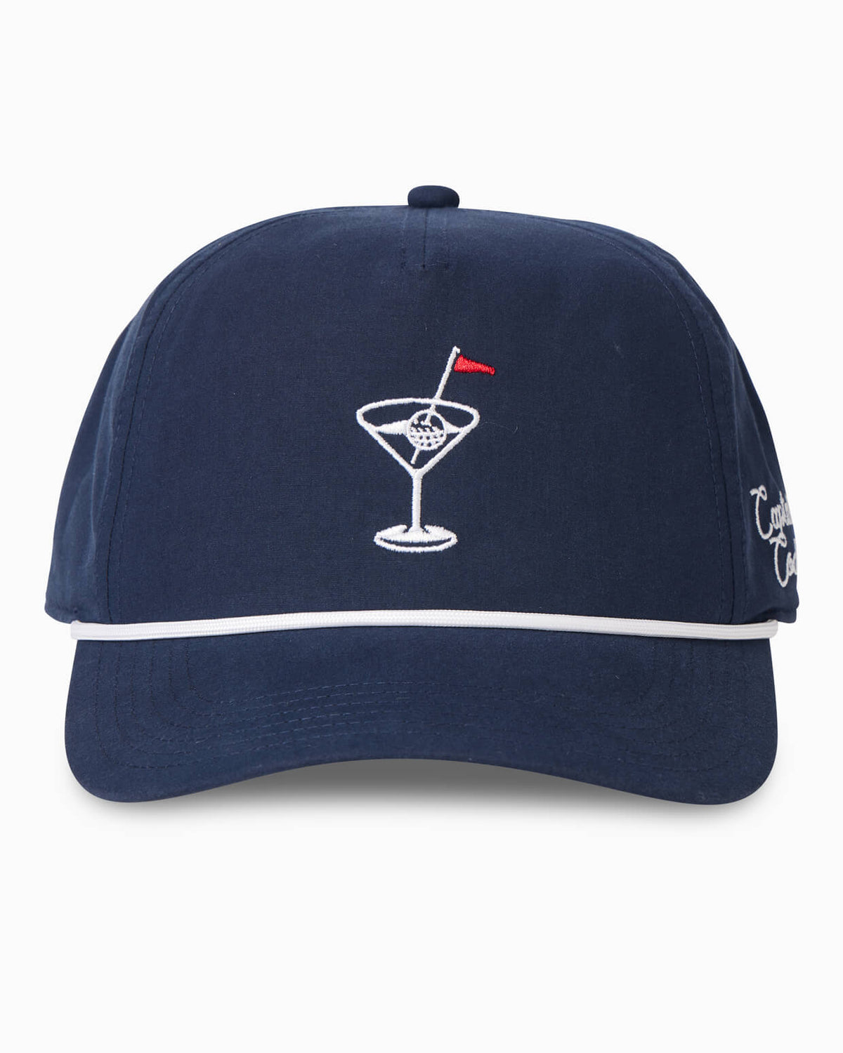 Navy blue snapback with a martini glass and flag design on a white background #color_navy