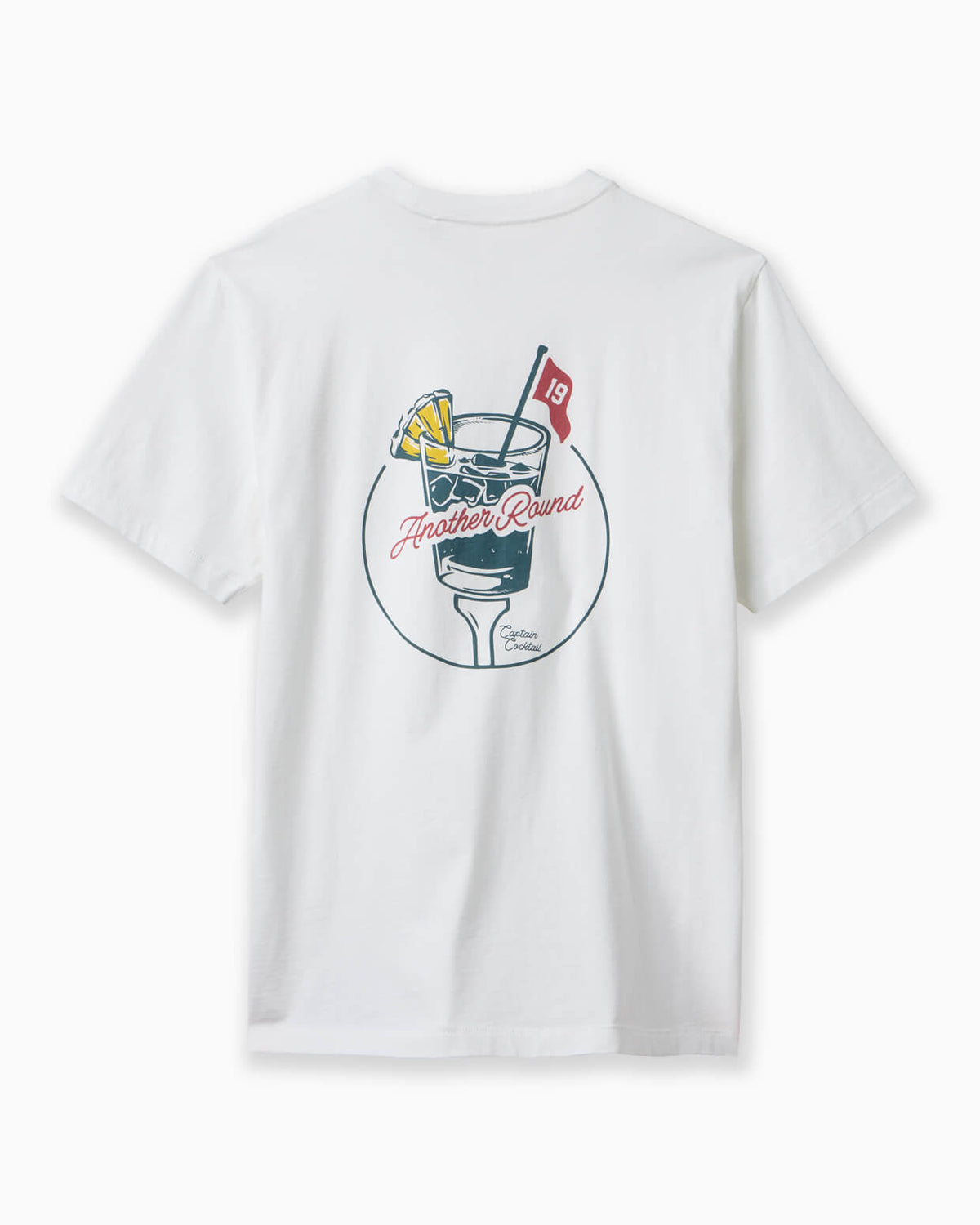 White t-shirt with a graphic of a cocktail and text on the back against a white background #color_white