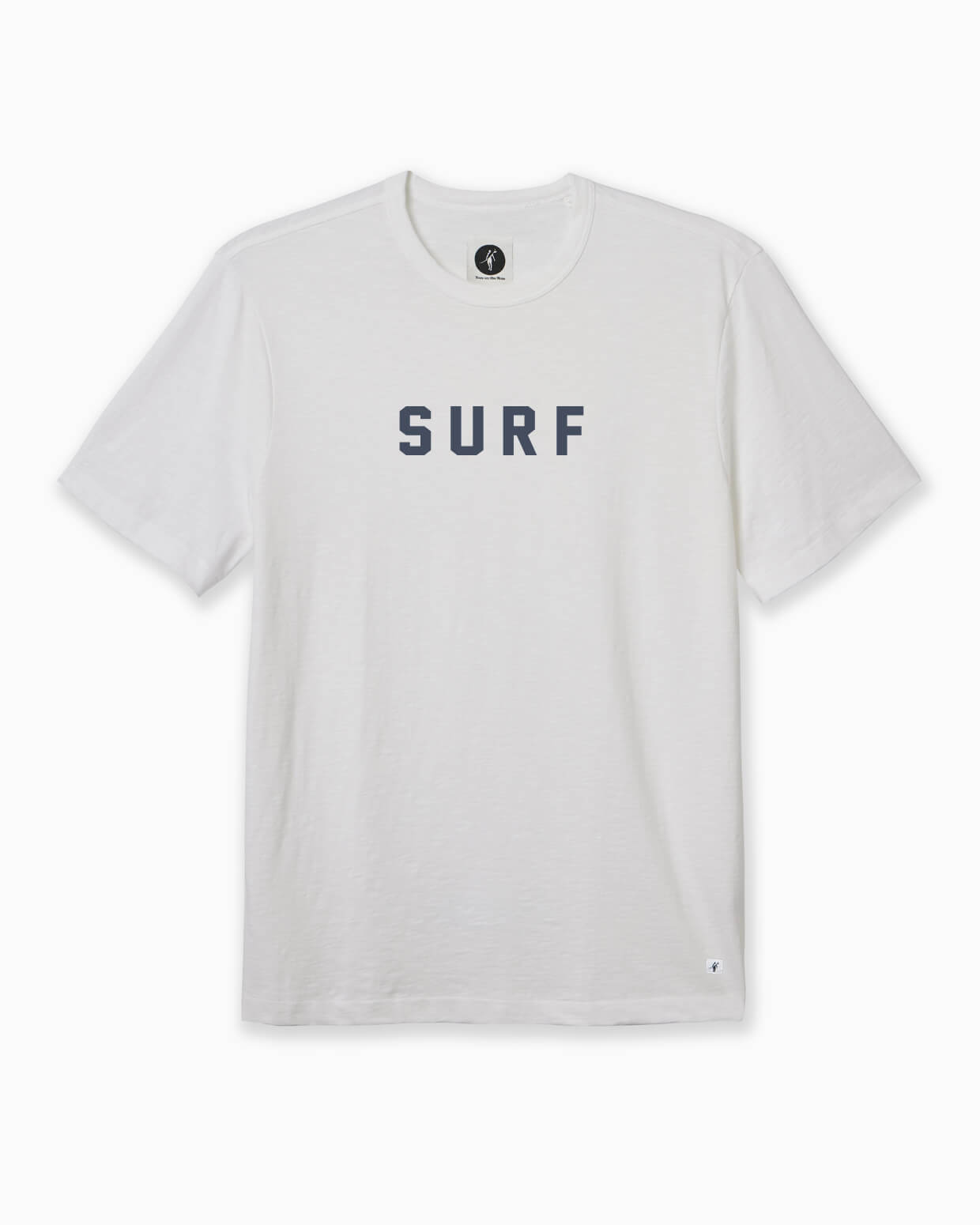 White t-shirt with 'SURF' text on a white background #color_washed white slub