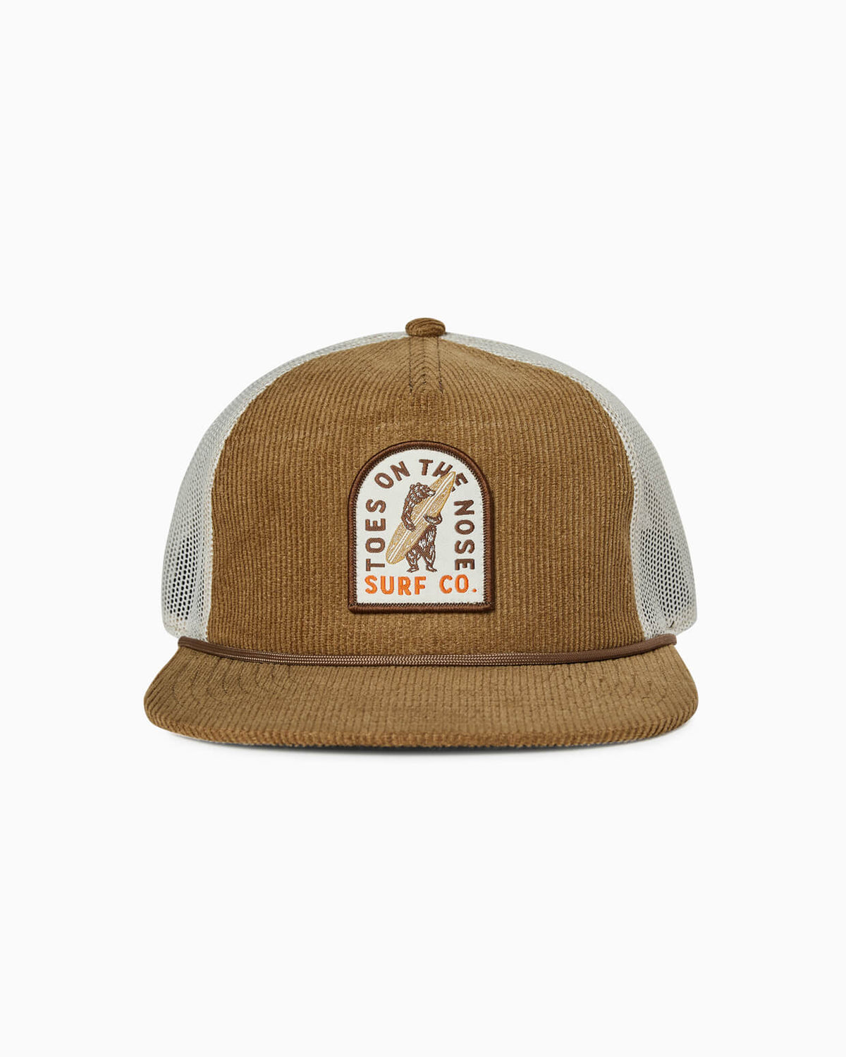 Brown corduroy and white mesh trucker hat with “Toes on the Nose Surf Co.” patch and rope trim, front view.