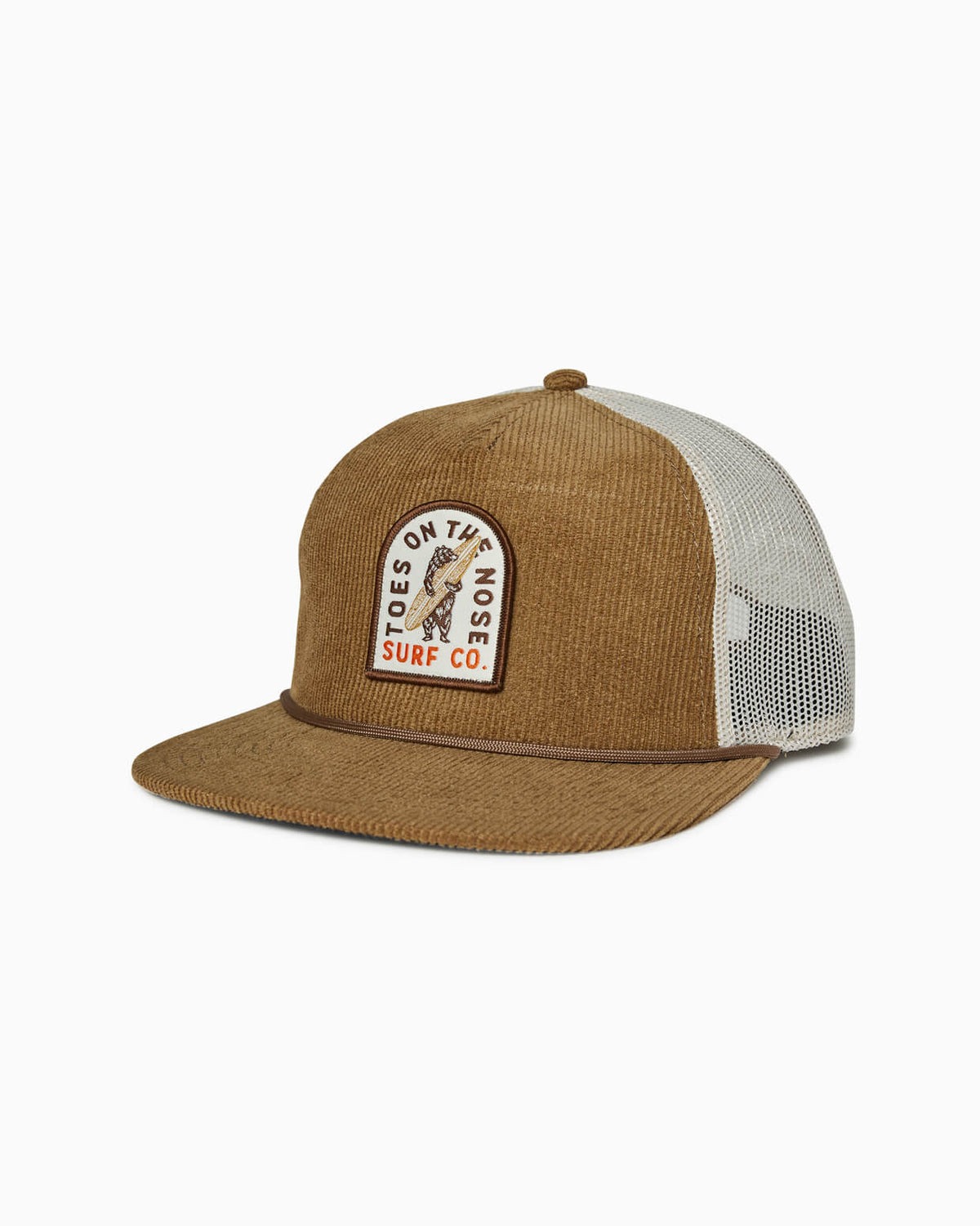 Brown corduroy and white mesh trucker hat with “Toes on the Nose Surf Co.” patch and rope trim, angled view.