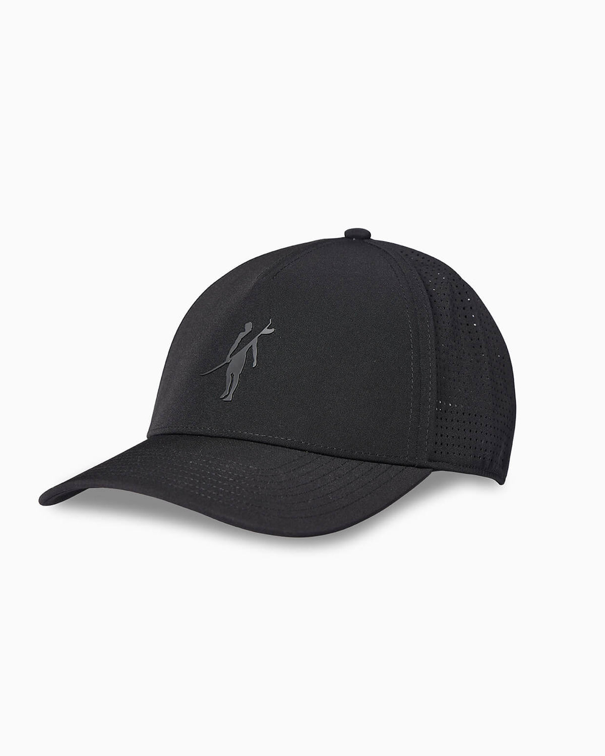 Black performance baseball cap with Toes on the Nose logo, with perforated side panels, angled studio view #color_black