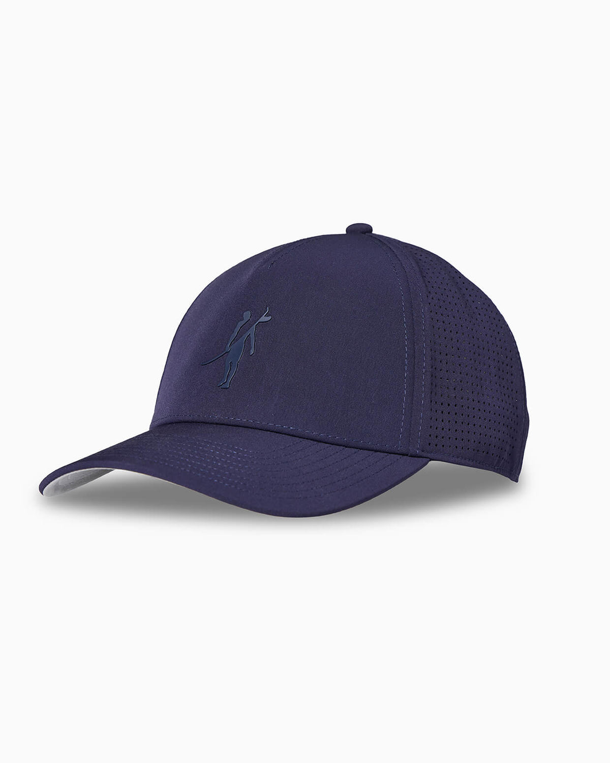Navy baseball cap with subtle Toes on the Nose logo on front and perforated side panels, angled studio view