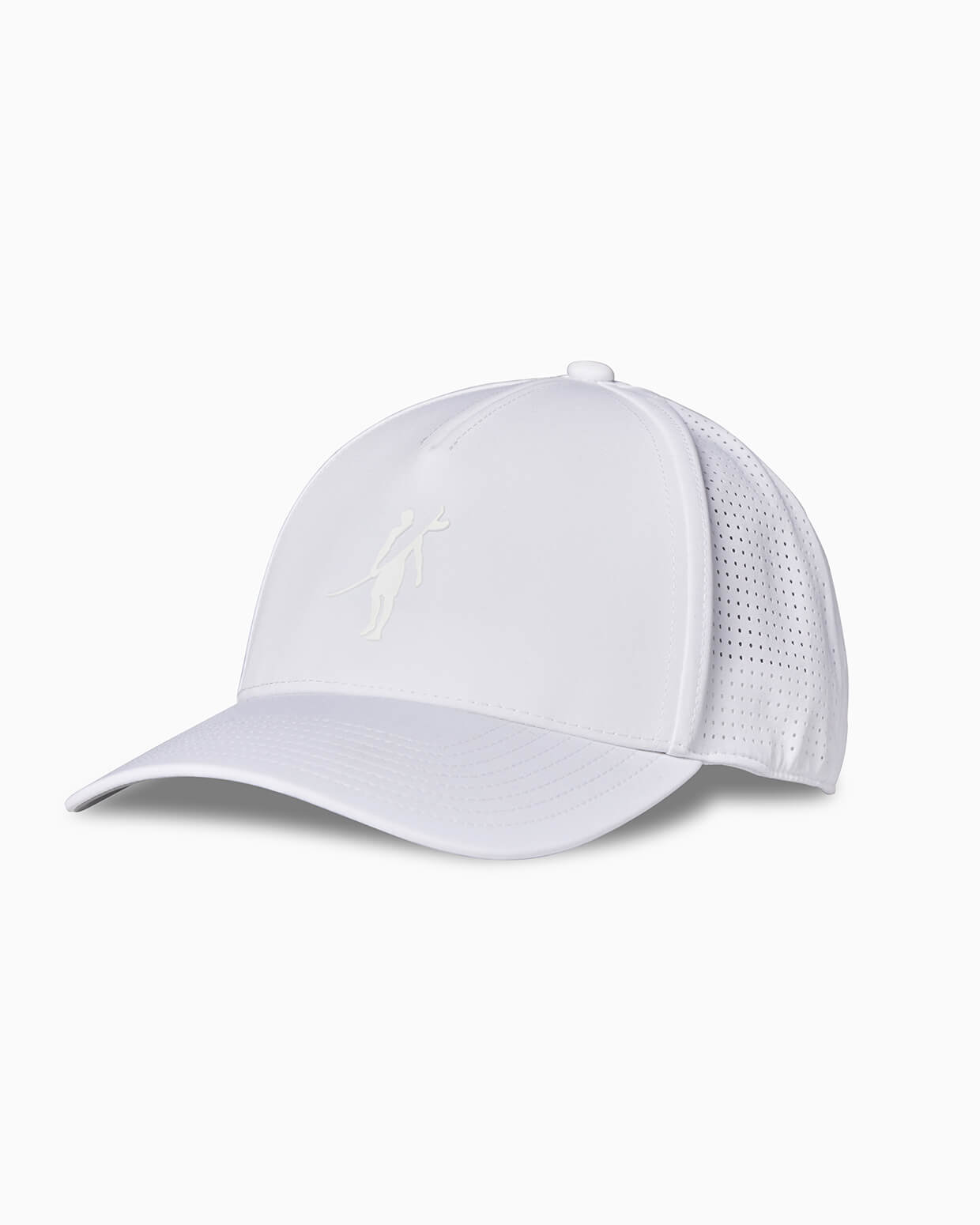 White performance baseball cap with Toes on the Nose logo, breathable perforated side panels, angled studio view.