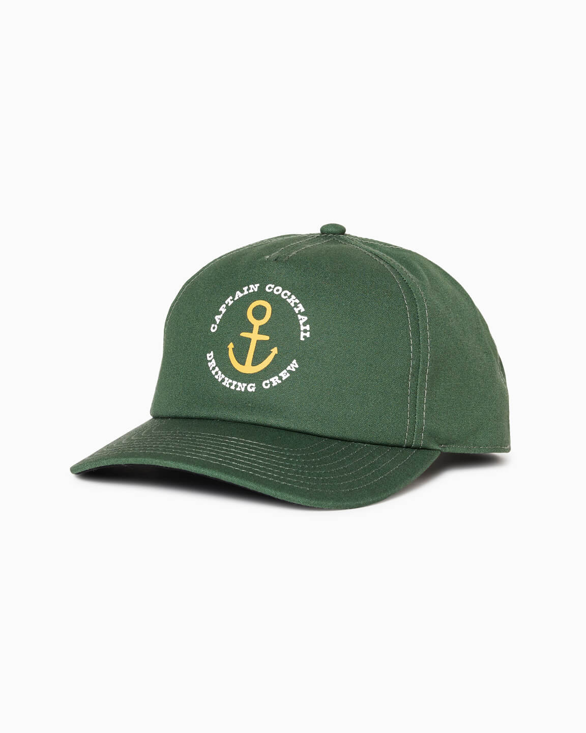 Forest green cap with yellow anchor and “Captain Cocktail Drinking Crew” text, angled studio view.