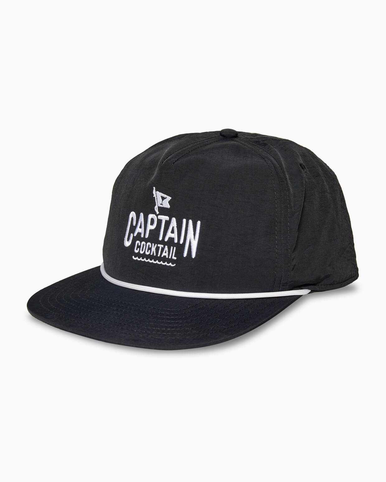 Black “Captain Cocktail” rope hat with white embroidery and white piping, angled studio view.