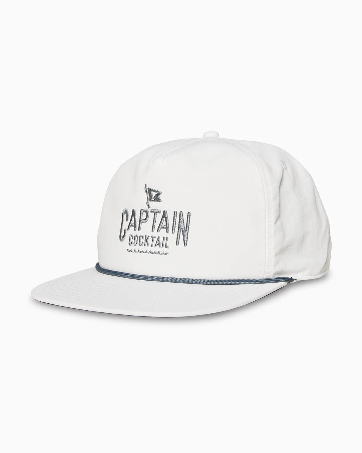 White “Captain Cocktail” rope hat with gray embroidery and navy piping, front studio view.