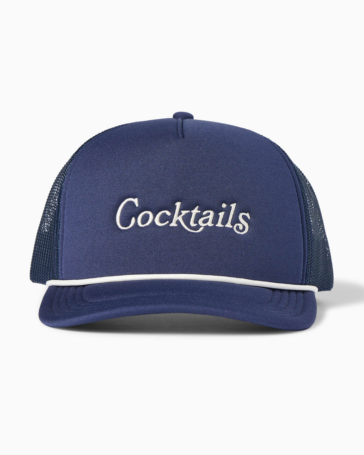 Navy mesh-back trucker hat with white “Cocktails” embroidery and white piping, front view.