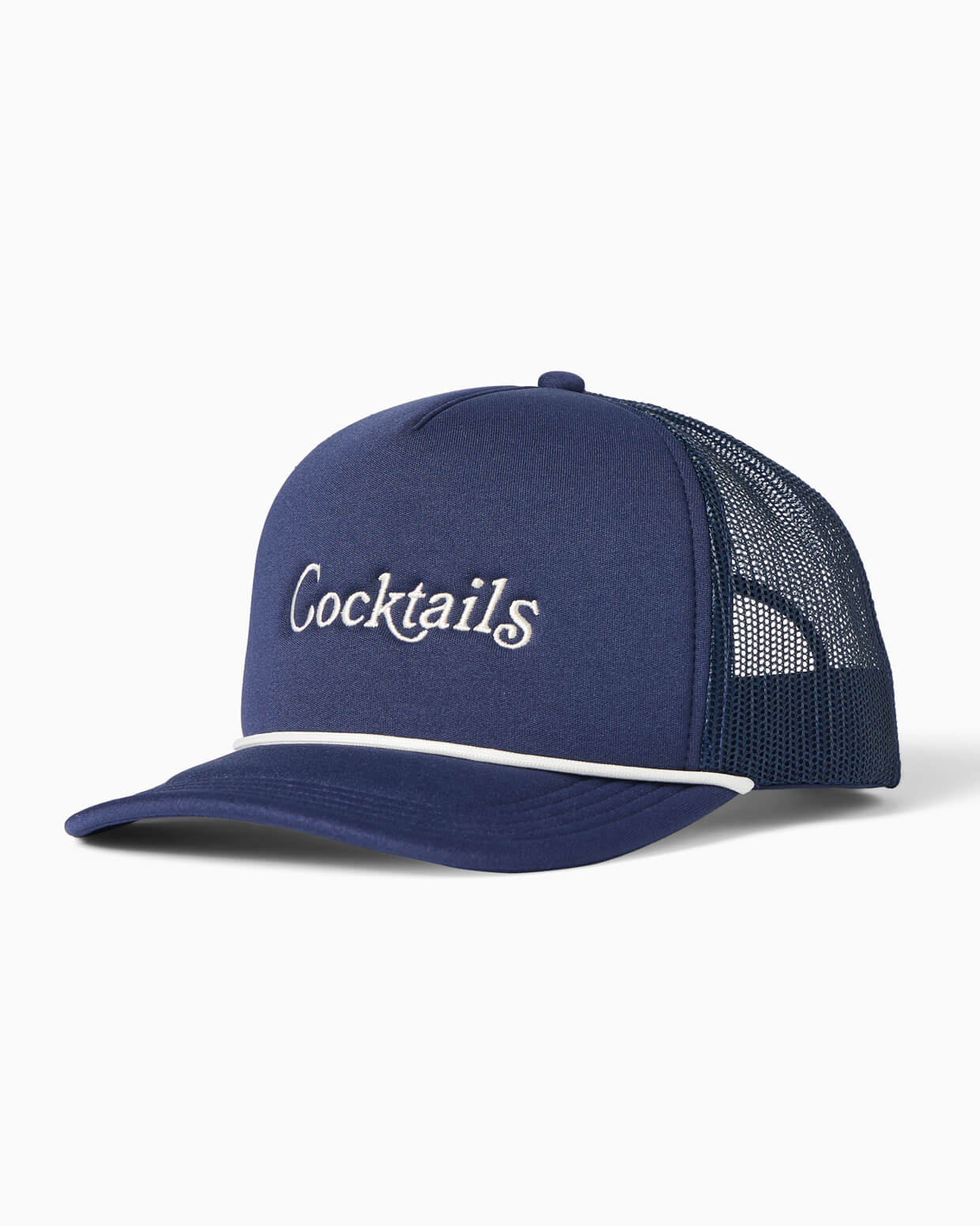 Navy mesh-back trucker hat with white “Cocktails” embroidery and contrast piping, angled view.