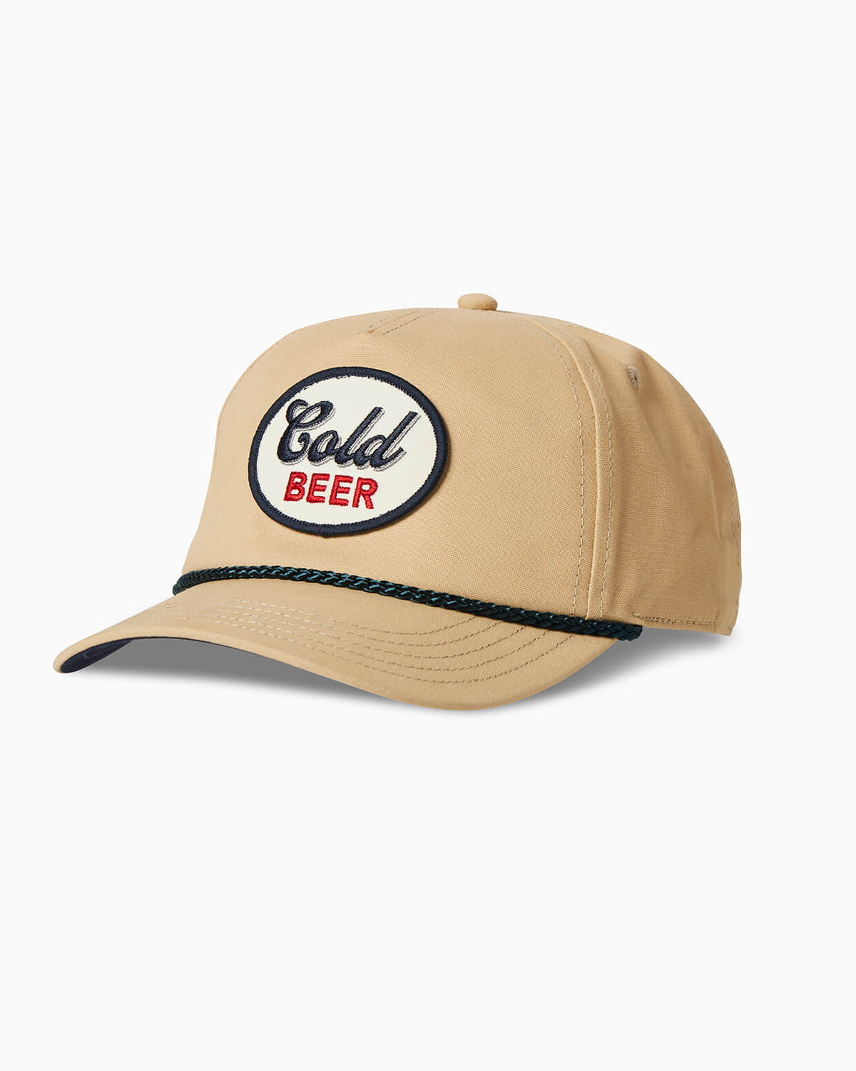 Khaki rope hat with round “Cold Beer” embroidered patch, angled studio view