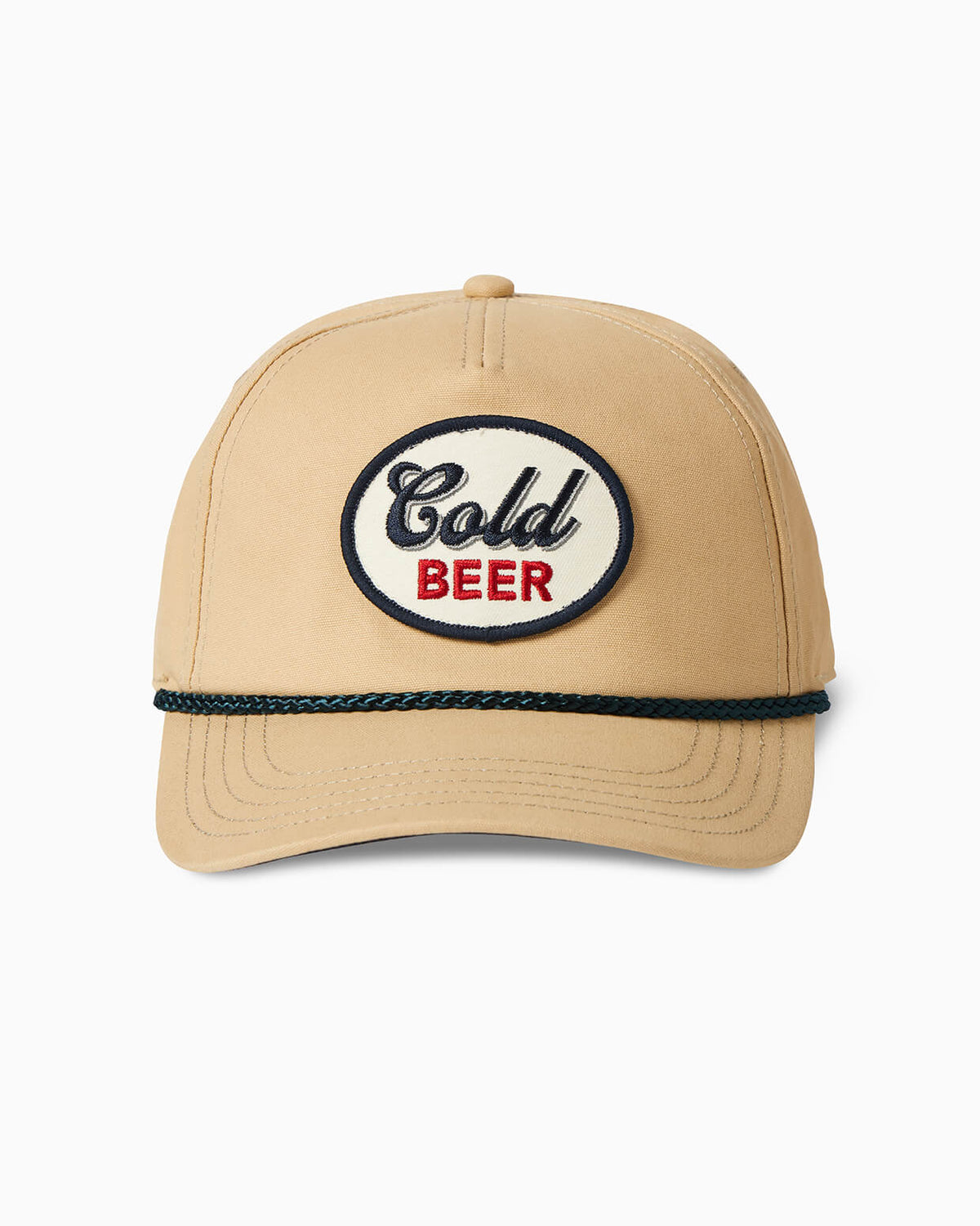 Khaki rope hat with round “Cold Beer” embroidered patch, front studio view