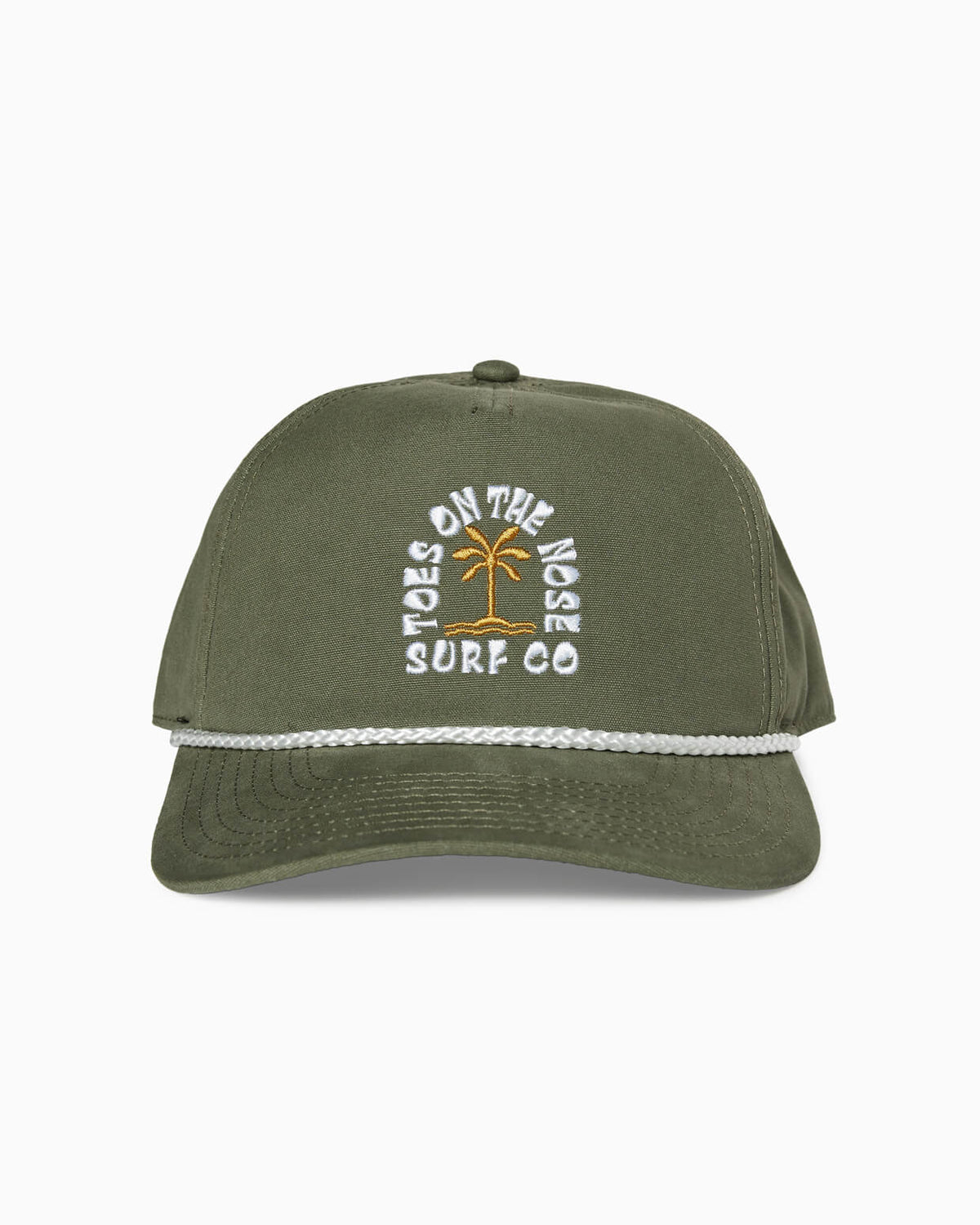Olive green rope hat with white “Toes on the Nose Surf Co” palm embroidery, front studio view.