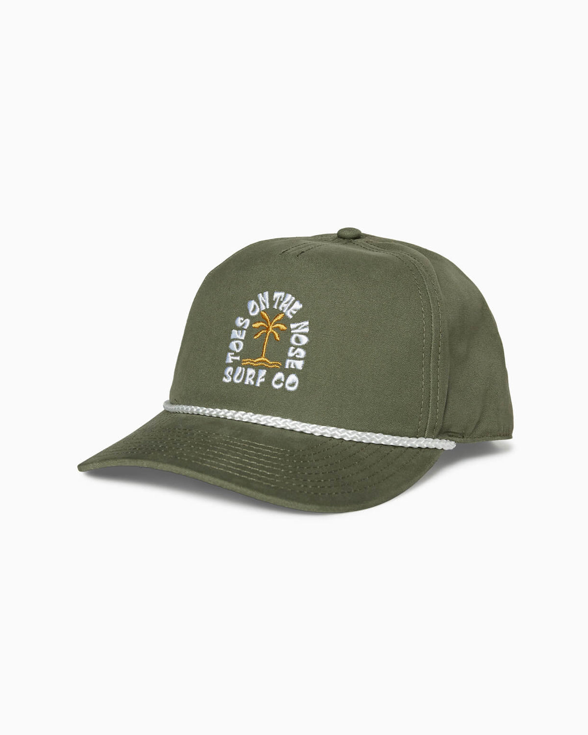Olive rope hat with white “Toes on the Nose Surf Co” palm tree embroidery, angled studio view.