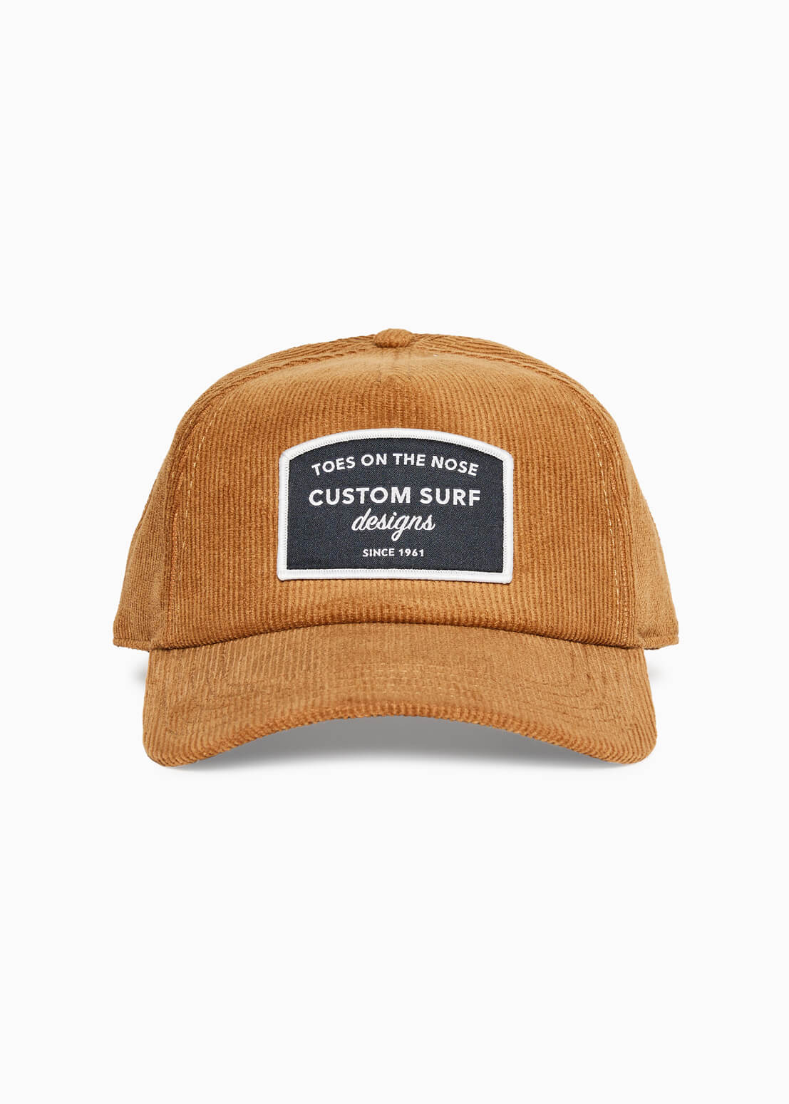 Tan corduroy baseball cap with “Custom Surf Designs” patch, front view.