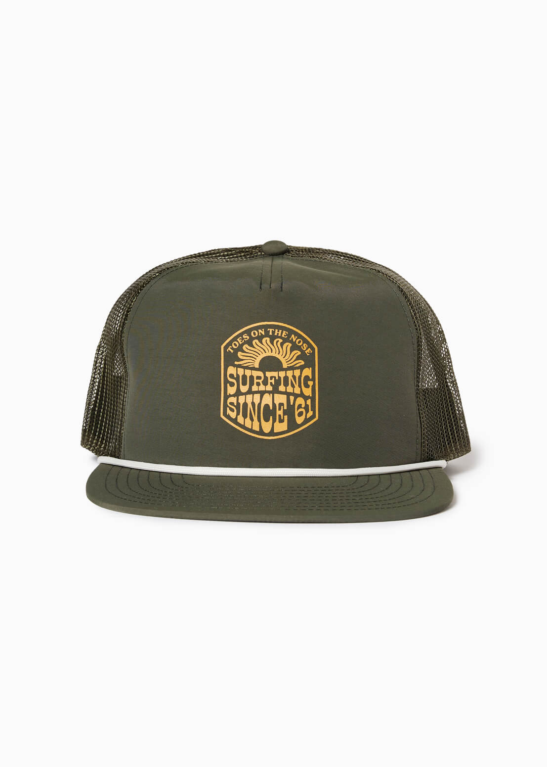 Olive mesh-back trucker hat with yellow “Surfing Since ’61” patch and white rope, front view.