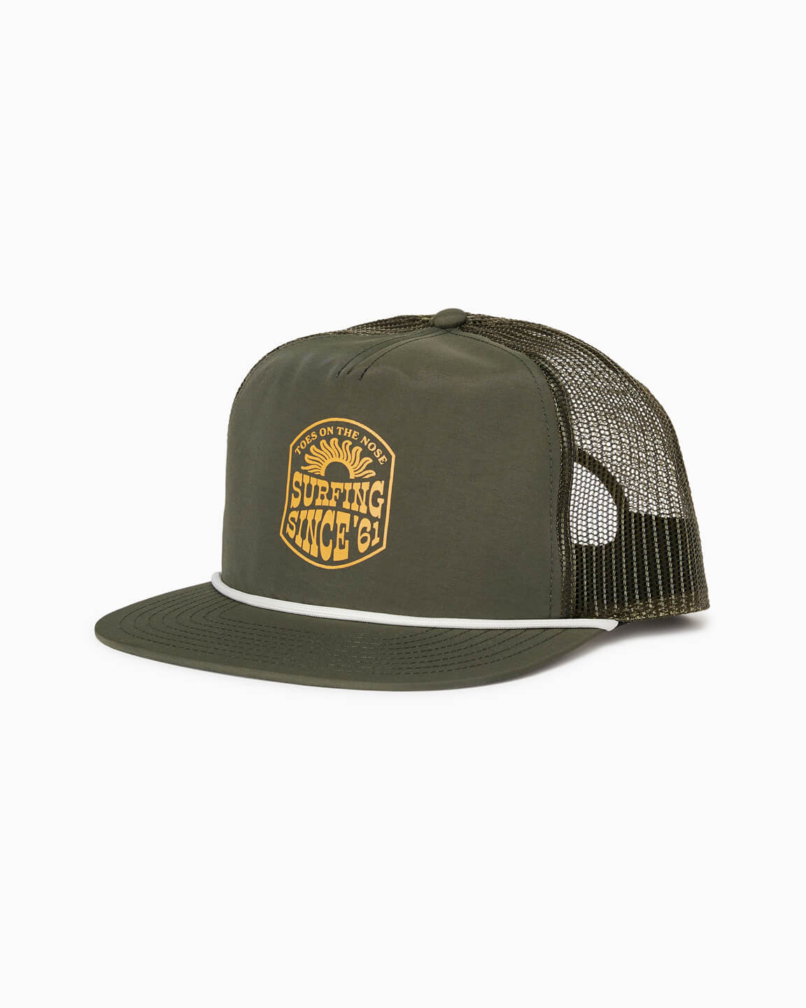 Olive green mesh-back trucker hat with yellow “Surfing Since ’61” patch and white rope detail, angled view.