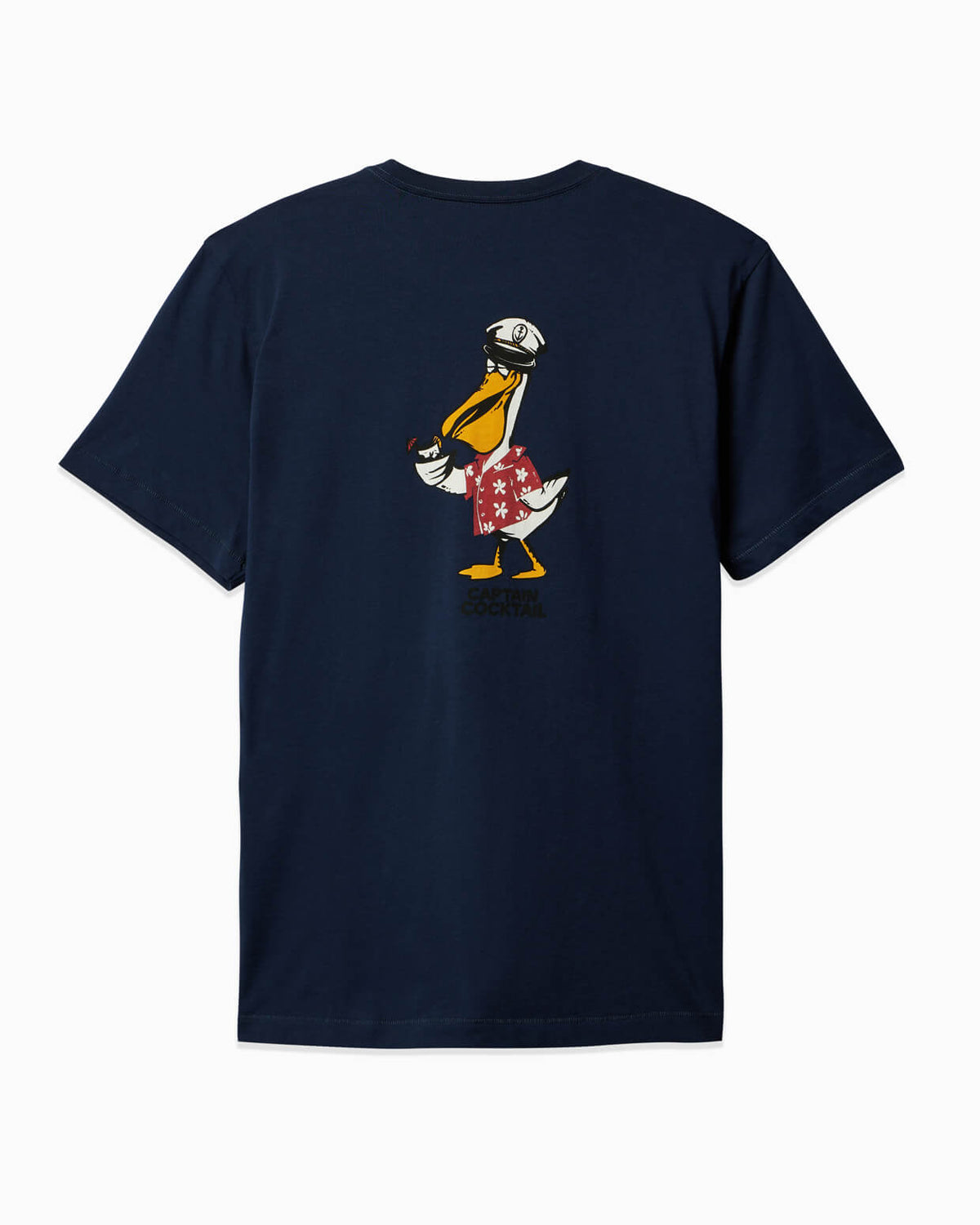 Men's navy T-shirt featuring Captain Cocktail pelican in red floral shorts holding a drink – Back View.