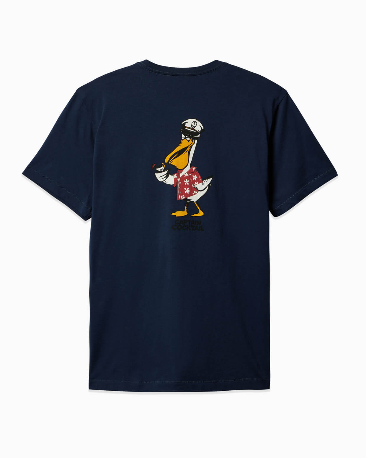 Men's navy T-shirt featuring Captain Cocktail pelican in red floral shorts holding a drink – Back View.