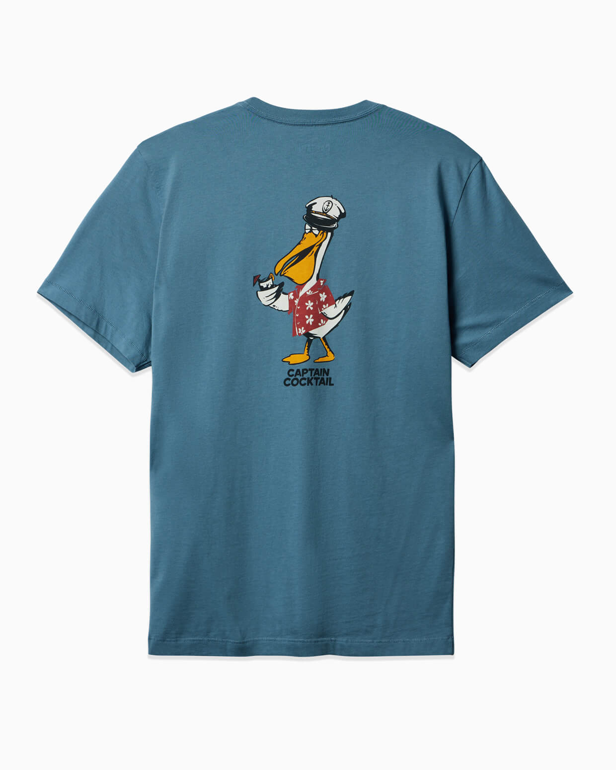Men's blue T-shirt featuring Captain Cocktail pelican in red floral shorts holding a drink – Back View.