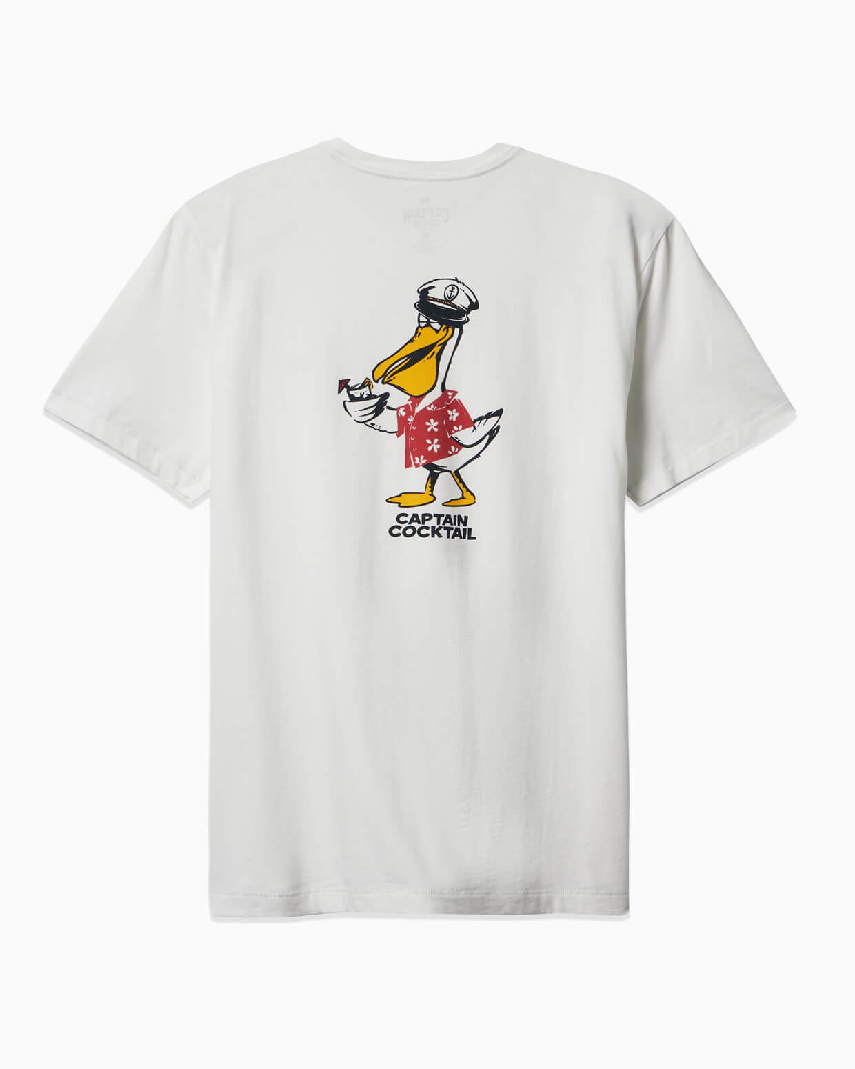 Men's white T-shirt featuring Captain Cocktail pelican in red floral shorts holding a drink – Back View.