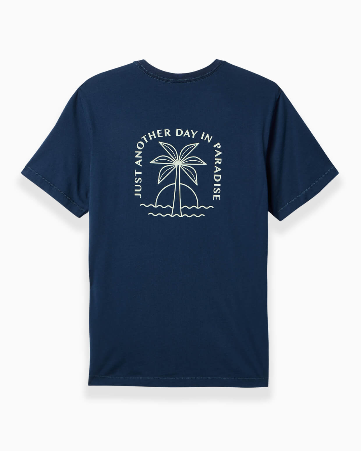 Men's navy short-sleeve T-shirt with 'Just Another Day in Paradise' palm tree graphic on the back.