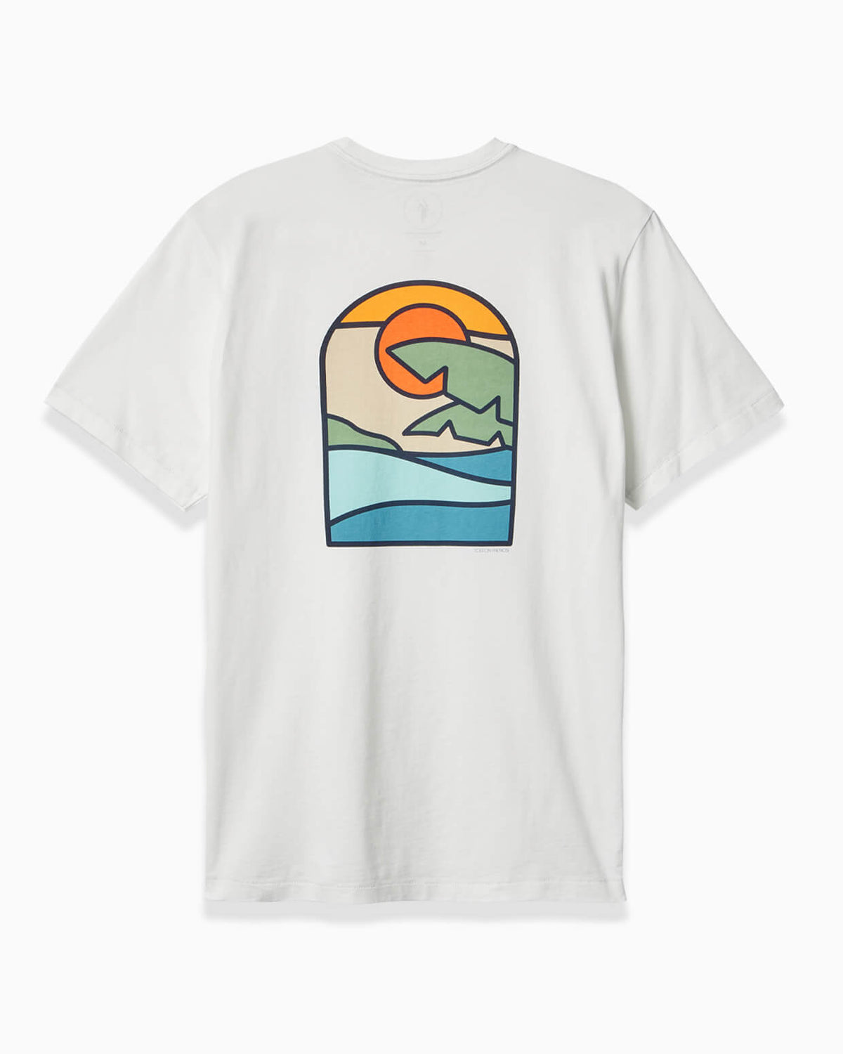 Men's white t-shirt featuring a sunset and ocean graphic with a colorful landscape, angled on a clean background.