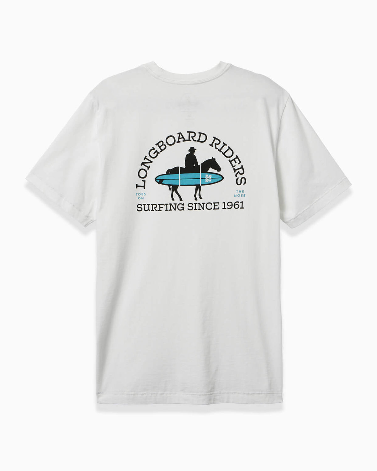 Men's white t-shirt with "LONGBOARD RIDERS" and a surfboard graphic, angled on a clean background.