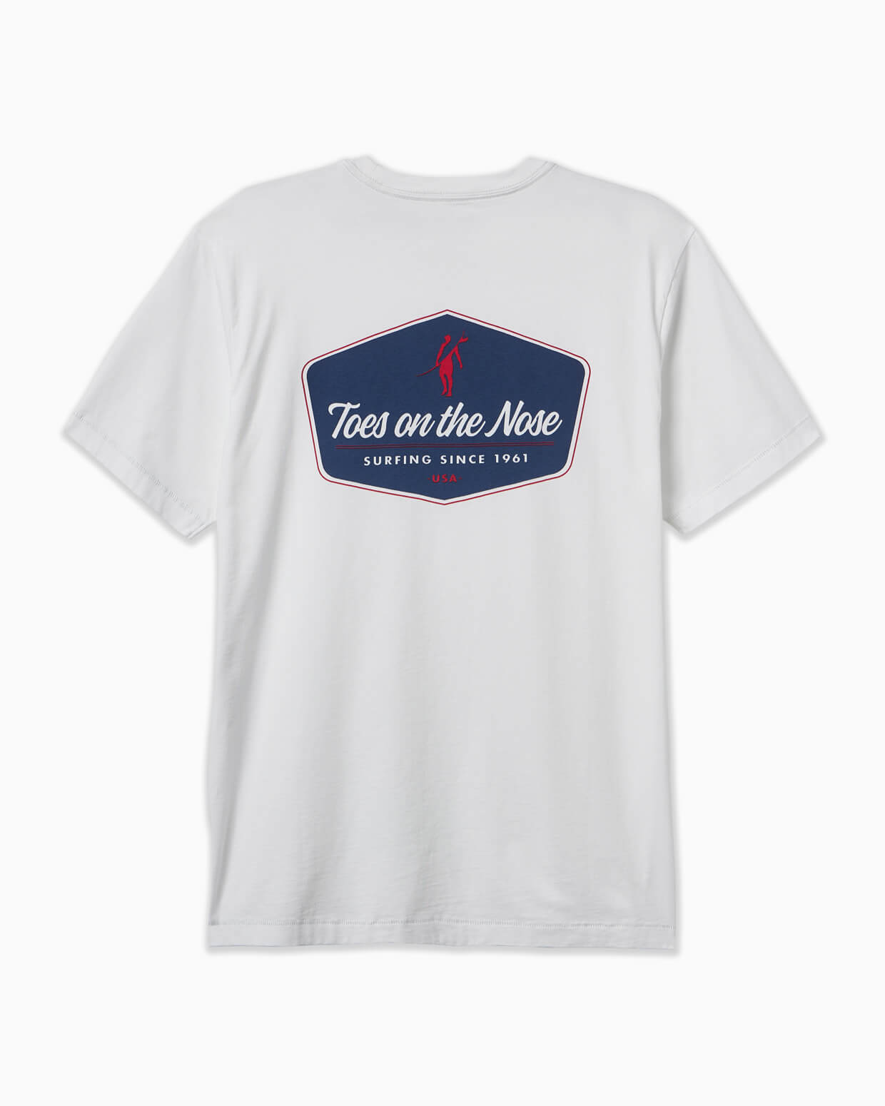 Men's white t-shirt featuring a large back print with the Toes on the Nose logo and 'Surfing Since 1961', angled on a clean background.
