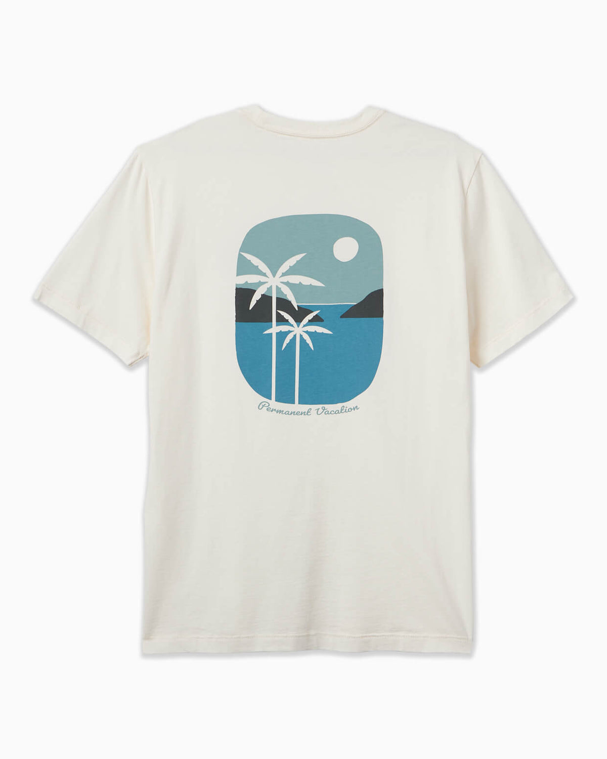 Men's off-white t-shirt featuring a retro beach graphic with palm trees and the text 'Permanent Vacation,' angled on a clean background.