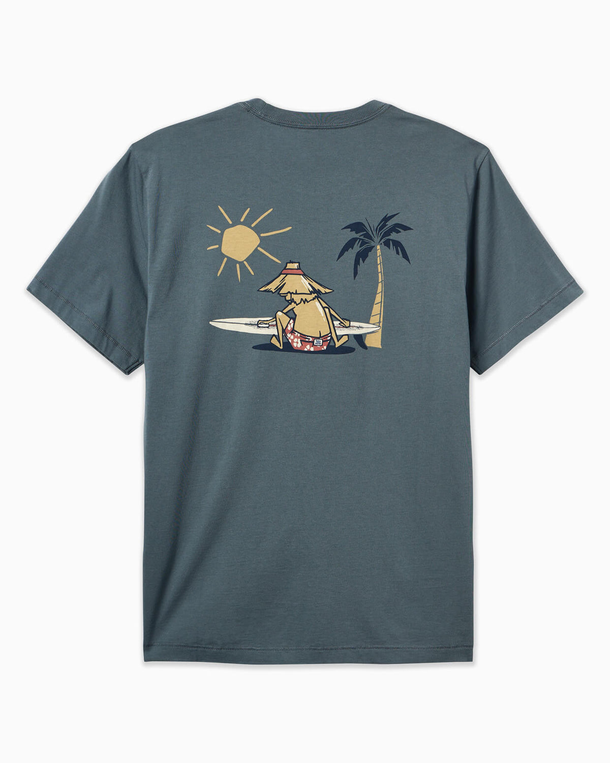 Men's charcoal grey t-shirt featuring a cartoon of a surfer and palm tree on the back, angled on a clean background.