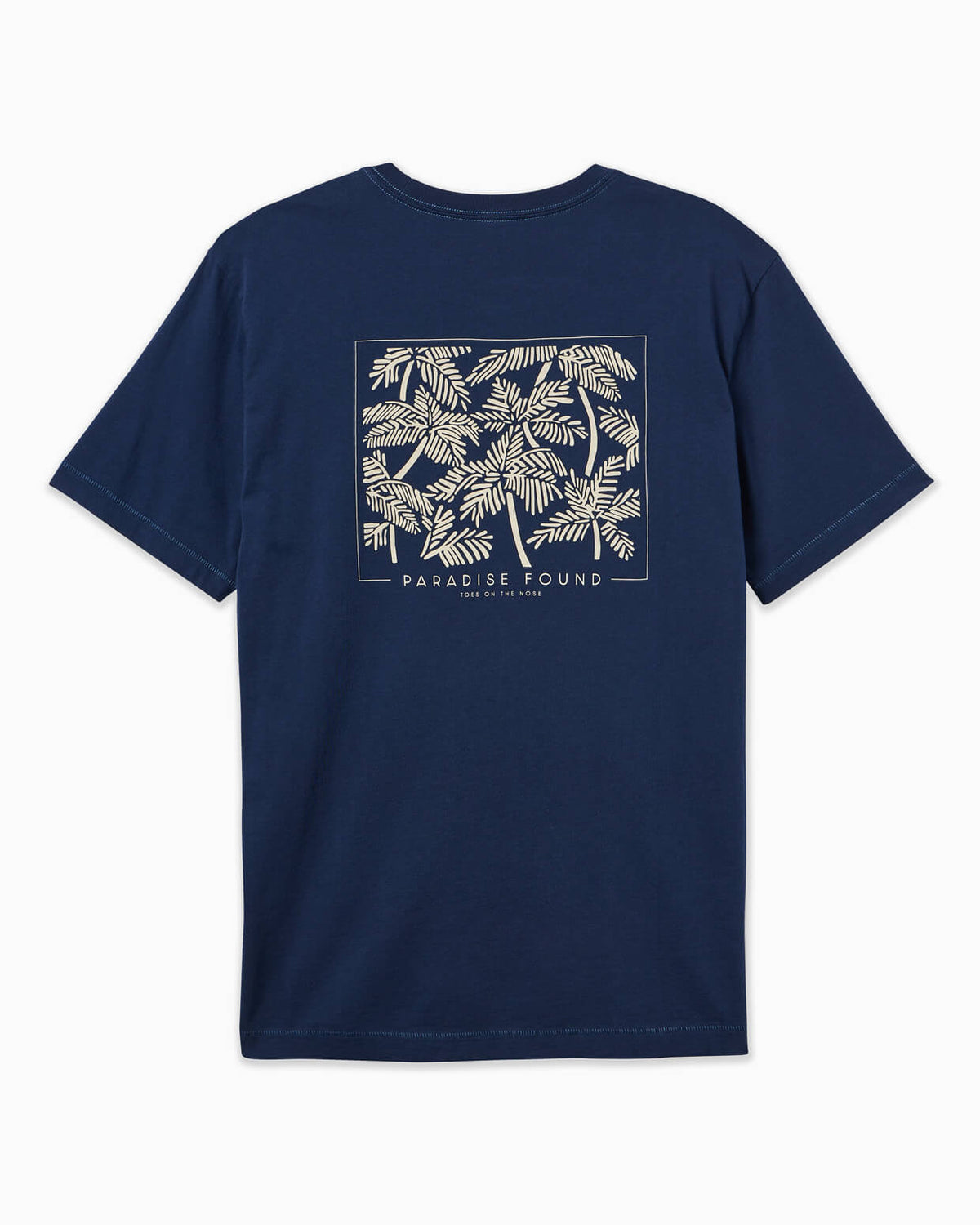 Men's navy t-shirt featuring a palm leaf design and the "PARADISE FOUND" logo, angled on a clean background.