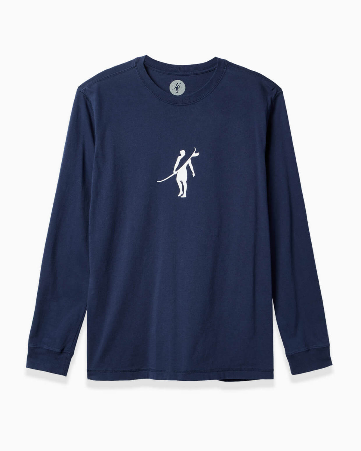 Men's navy long-sleeve t-shirt featuring a surfer graphic on the chest, angled on a clean background. #color_navy