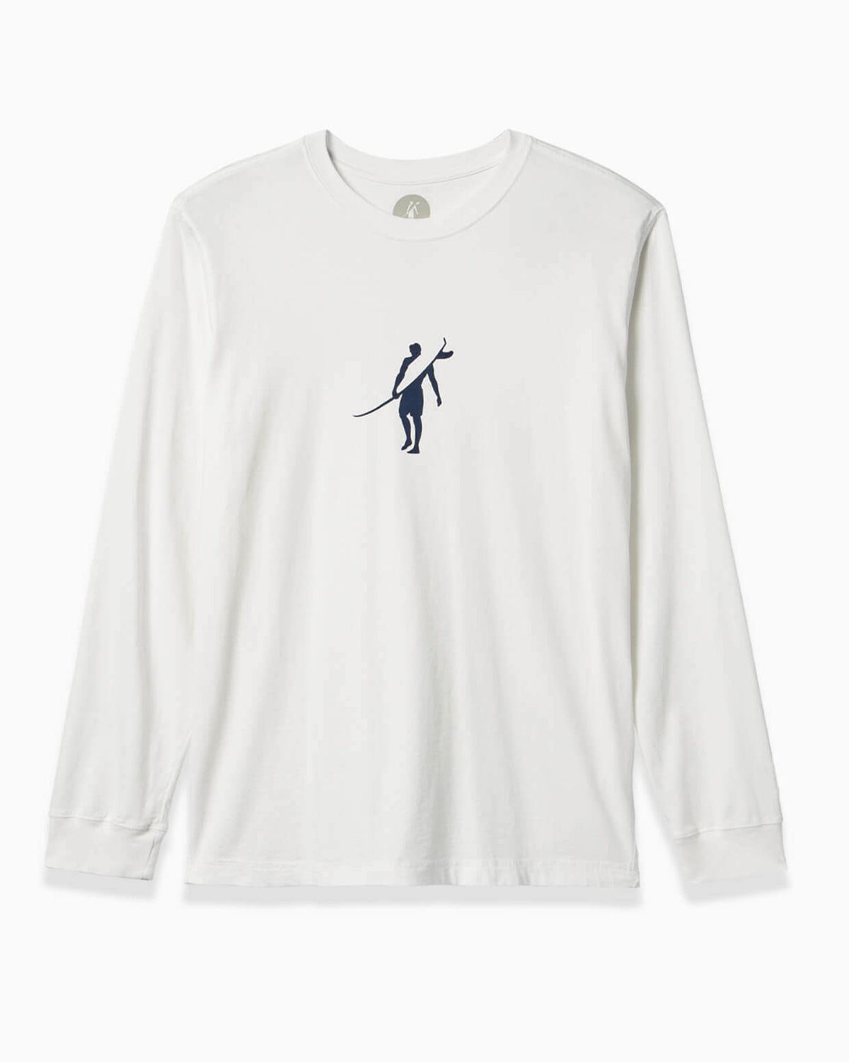 Men's white long-sleeve t-shirt featuring a surfer graphic on the chest, angled on a clean background.