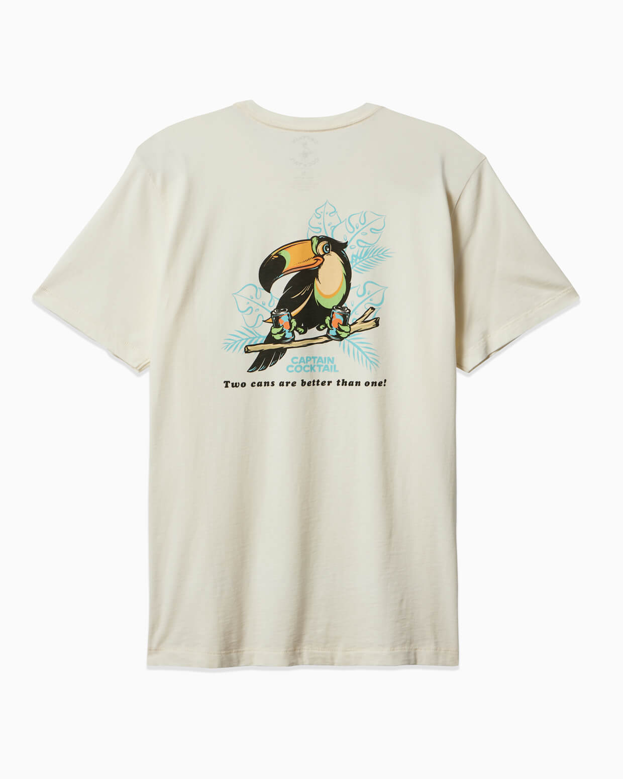 White Toes on the Nose Two Cans Short Sleeve T-shirt with a back graphic of a large toucan holding two cocktails, surrounded by tropical leaves, and the text “Captain Cocktail – Two cans are better than one!”